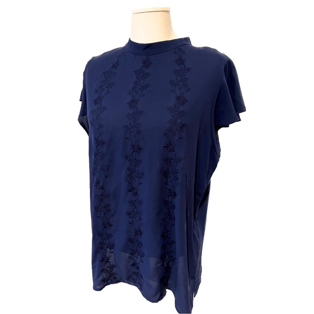 LOFT Short Sleeve High Neck Sheer Embroidered Florals Blouse in Navy Blue